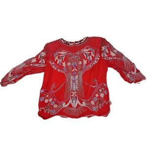 Ramana Red Beaded Sequin Silk Blend Tunic Top Size 18 Embroidered Floral Vintage